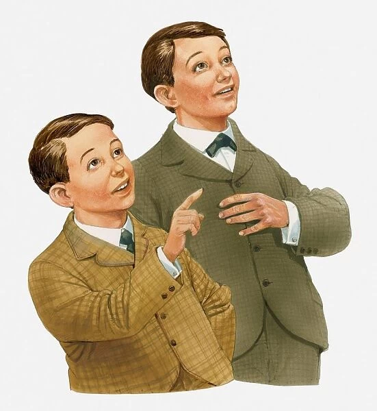 Illustration of Orville and Wilbur Wright looking up and pointing