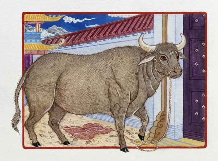 Framed Print : Illustration of Ox Inside the Gate, representing Chinese Year Of The Ox Framed Print : Illustration of Ox Inside the Gate, representing Chinese Year Of The Ox