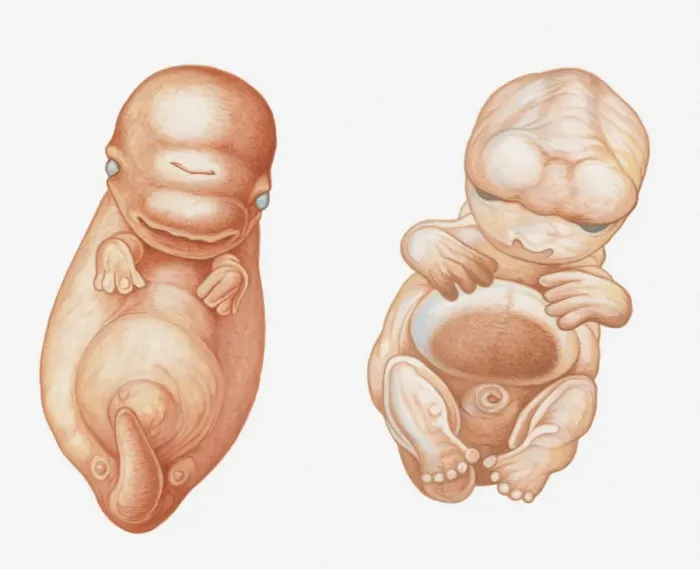 Framed Print : Illustration of Pacific White-sided Dolphin (Lagenorhynchus obliquidens) embryo at seven weeks, and human embryo (Homo sapiens) at seven weeks