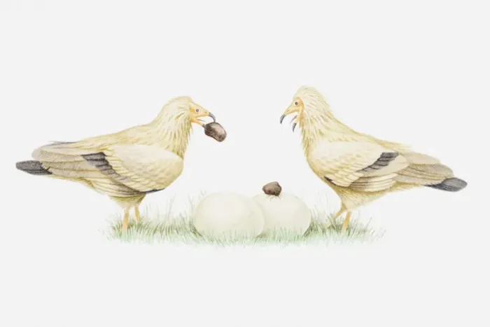 Framed Print : Illustration of pair of Egyptian vultures (Neophron percnopterus) dropping stones on ostrich eggs to crack them open