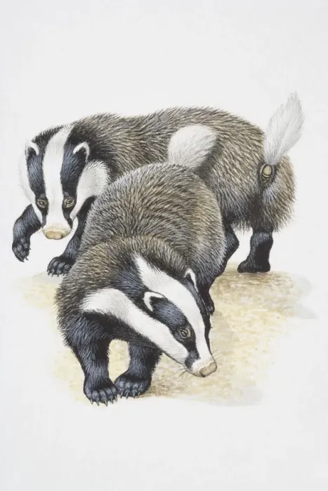Framed Print : Illustration, pair of European Badgers (Meles meles), elevated view