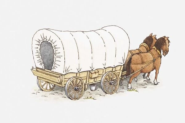 Illustration of pair of horses pulling a covered wagon