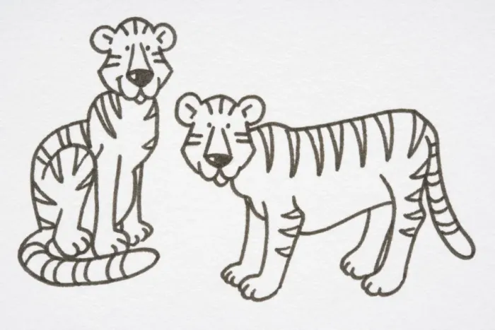 Framed Print : Illustration, pair of Tigers, one sitting and the other standing, side view