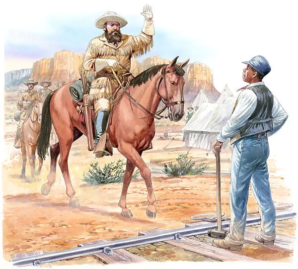 Illustration of paleontologist Othniel Marsh, on horseback, greeting Matthew Randall standing in front of him on railway track