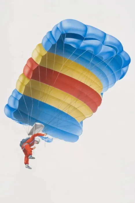 Framed Print : Illustration, parachutist descending, view from above Framed Print : Illustration, parachutist descending, view from above