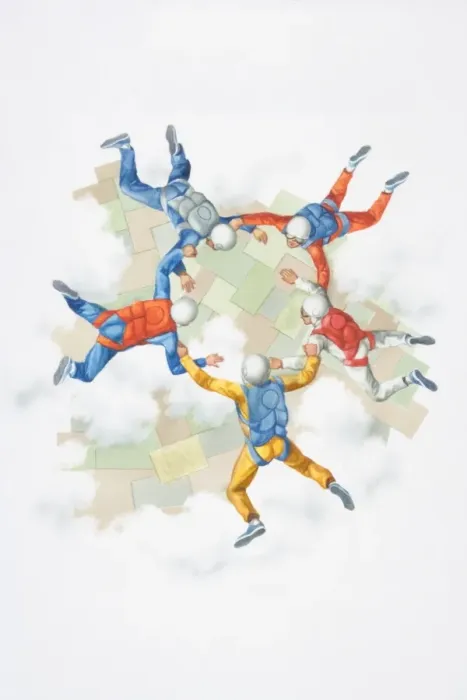 Framed Print : Illustration, five parachutists in formation, view from above