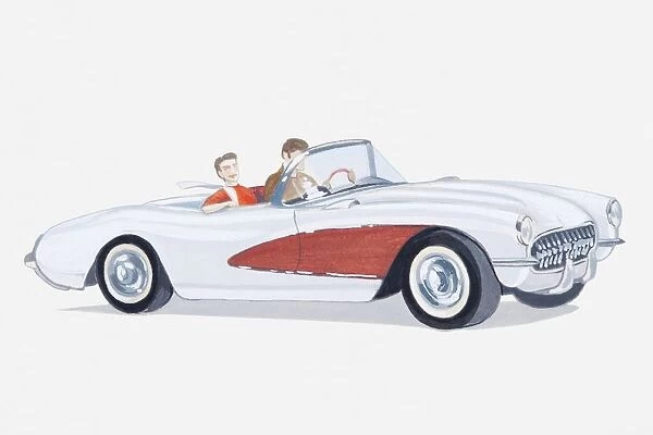 Illustration of two passengers in Chevrolet Corvette open sports car, 1950s