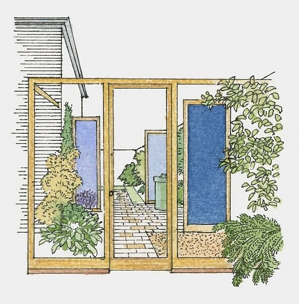 Illustration of paved garden sheltered from wind by timber and glass screens