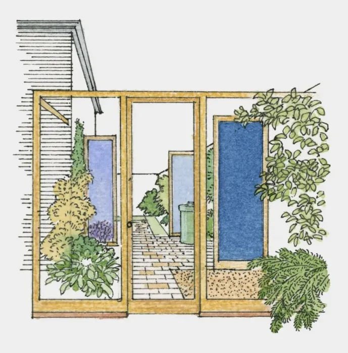 Framed Print : Illustration of paved garden sheltered from wind by timber and glass screens