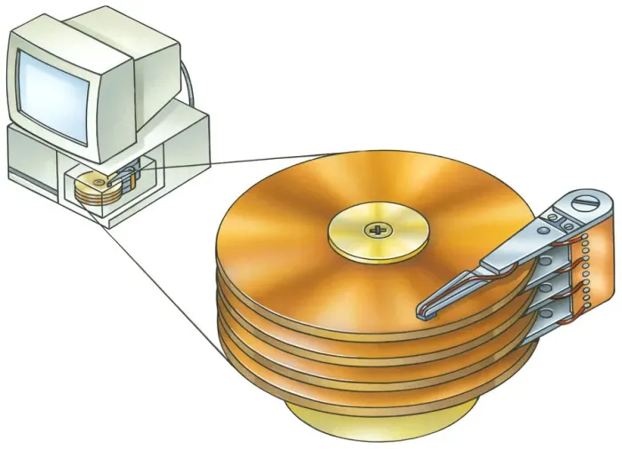 Framed Print : Illustration of PC desktop computer and hard disc drive with cross section showing hard disc in base unit Framed Print : Illustration of PC desktop computer and hard disc drive with cross section showing hard disc in base unit