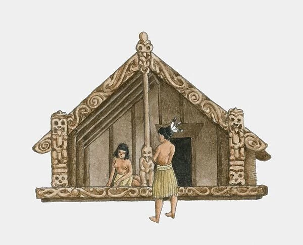 Illustration of two people in front of 16th century Maori house