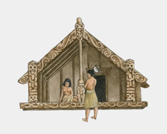 Framed Print : Illustration of two people in front of 16th century Maori house Framed Print : Illustration of two people in front of 16th century Maori house