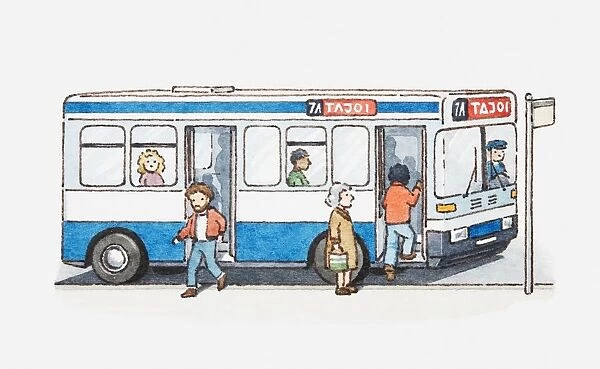 Illustration of people boarding and getting off a bus