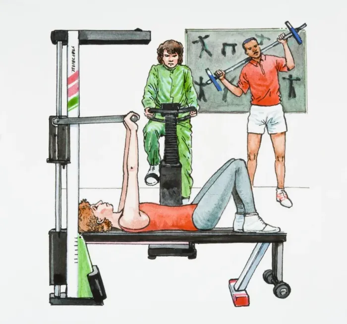 Framed Print : Illustration of people exercising in gym using strength training bench, exercise bike, and weightlifting Framed Print : Illustration of people exercising in gym using strength training bench, exercise bike, and weightlifting