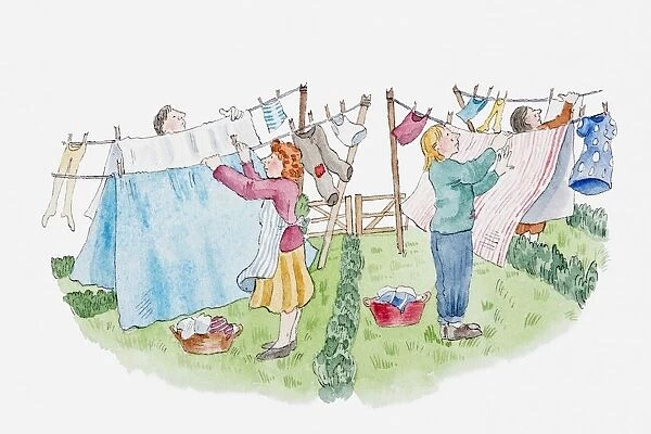 Illustration of people hanging up washing in small sections of garden separated by low hedges