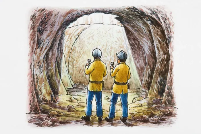 Framed Print : Illustration of two people illuminating inside of cave with flashlights Framed Print : Illustration of two people illuminating inside of cave with flashlights