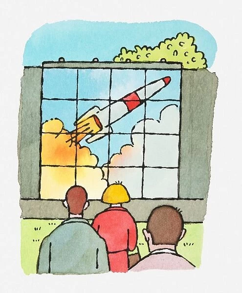 Illustration of people looking at large screen showing rocket taking off