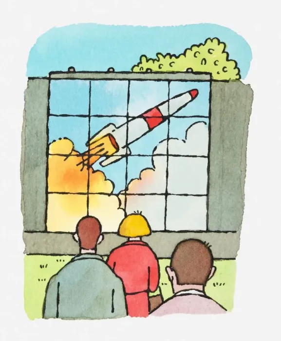 Framed Print : Illustration of people looking at large screen showing rocket taking off Framed Print : Illustration of people looking at large screen showing rocket taking off