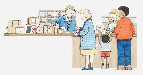 Illustration of people in post office