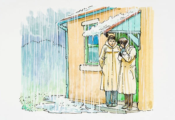 Illustration of two people sheltering from freezing rain storm below porch roof