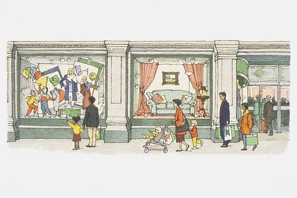 Illustration, people walking past windows of department store, showing furniture and fashion for adults and children
