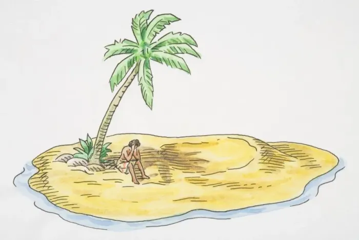 Framed Print : Illustration, person stranded on deserted island with single palm tree Framed Print : Illustration, person stranded on deserted island with single palm tree