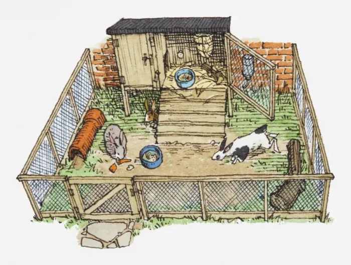 Framed Print : Illustration of pet rabbits in wire enclosure showing hutch Framed Print : Illustration of pet rabbits in wire enclosure showing hutch