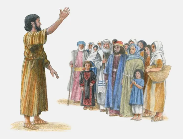 Framed Print : Illustration of Peter preaching to group of people with one arm raised Framed Print : Illustration of Peter preaching to group of people with one arm raised