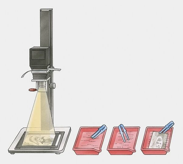 Illustration of photographic enlarging and printing equipment