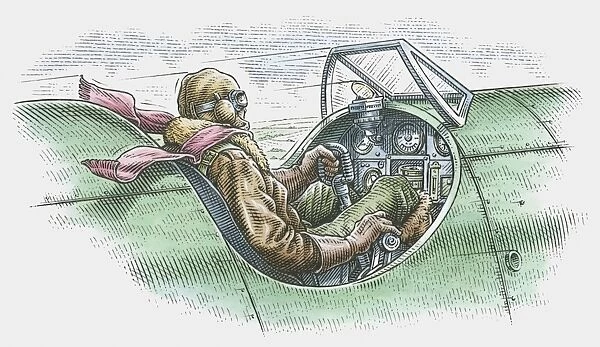 Illustration of pilot in biplane cockpit