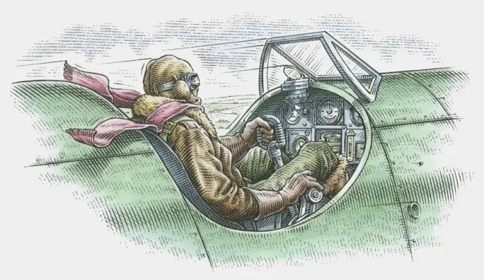 Framed Print : Illustration of pilot in biplane cockpit Framed Print : Illustration of pilot in biplane cockpit