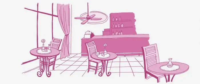Framed Print : Illustration in pink, cafe or bar with one chair each at three tables, window with pulled back curtain, till on counter, shelves in background, ceiling fan buzzing overhead Framed Print : Illustration in pink, cafe or bar with one chair each at three tables, window with pulled back curtain, till on counter, shelves in background, ceiling fan buzzing overhead