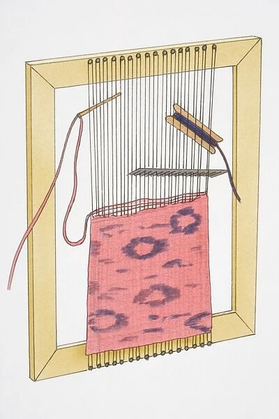 Illustration, pink and purple yarn being weaved on wooden frame with weaving needle and comb