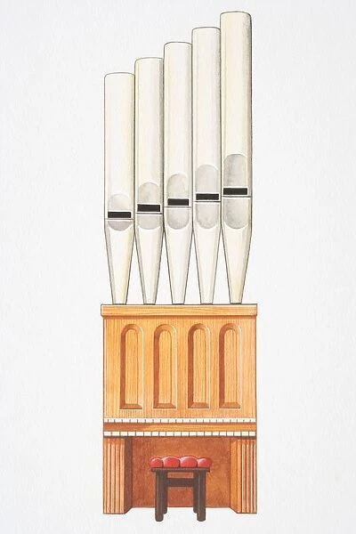 Illustration, pipe organ and stool with red cushion
