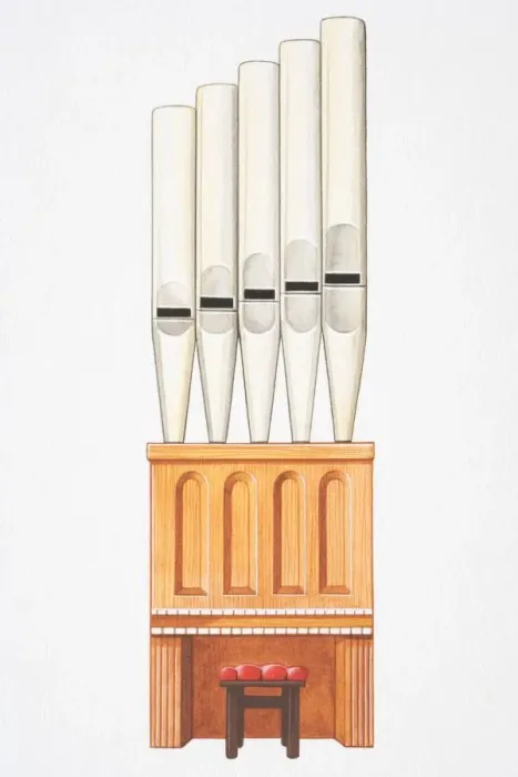 Framed Print : Illustration, pipe organ and stool with red cushion