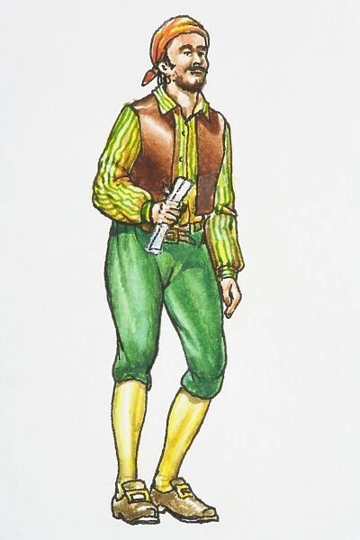 Illustration of pirate holding paper, with beard wearing headscarf, shirt, waistcoat, leggings and leather shoes