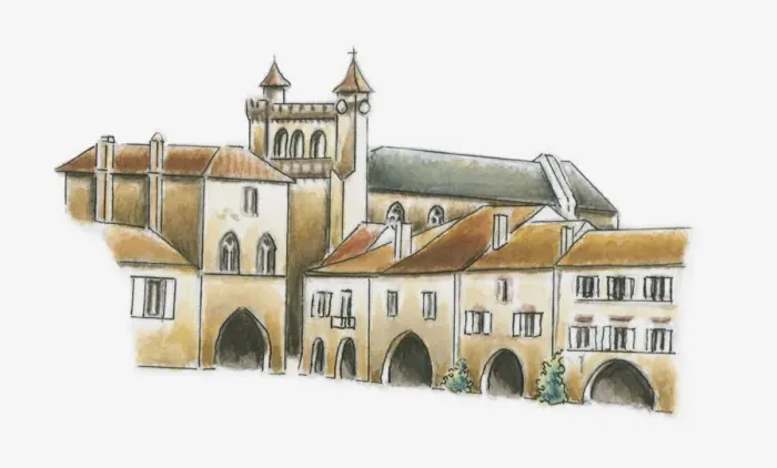 Framed Print : Illustration of Place des Arcades, Monflanquin, Lot-et-Garonne, France