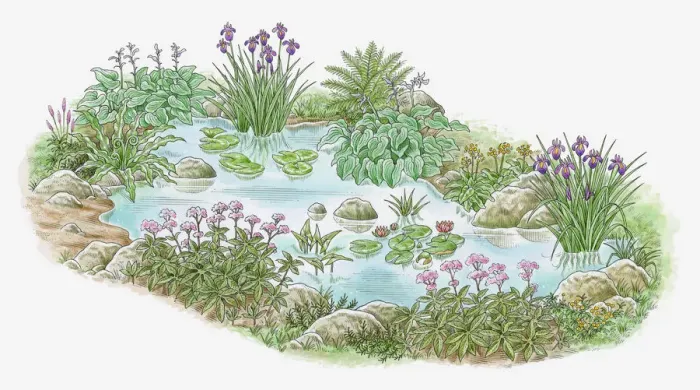Framed Print : Illustration of plants growing in and surrounding garden pond Framed Print : Illustration of plants growing in and surrounding garden pond
