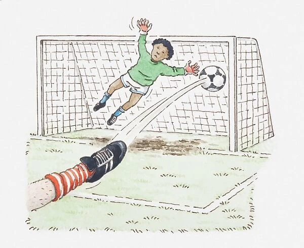Illustration of players foot kicking football into goal, goalkeeper in mid-air