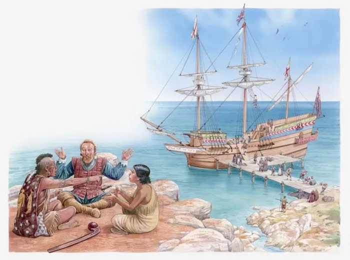 Framed Print : Illustration of Pocahontas and her father sitting and talking with Captain John Smith Framed Print : Illustration of Pocahontas and her father sitting and talking with Captain John Smith