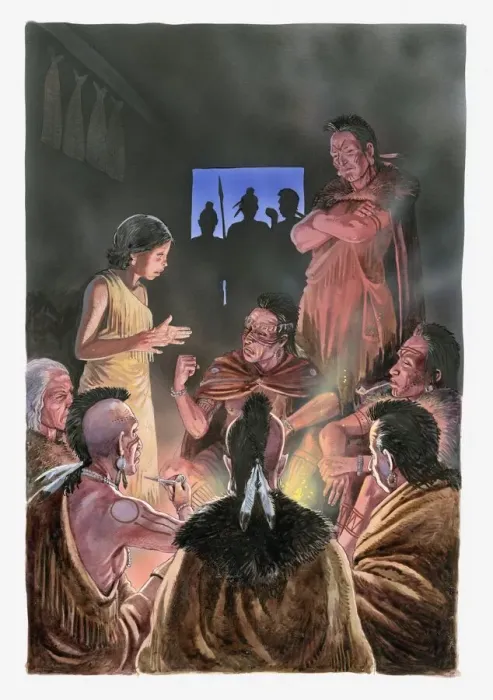 Framed Print : Illustration of Pocahontas speaking to her father and her tribe Framed Print : Illustration of Pocahontas speaking to her father and her tribe