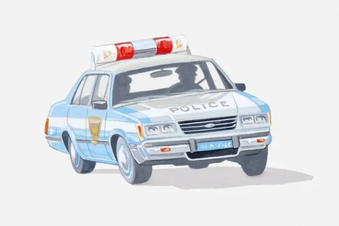 Framed Print : Illustration of police car with two policemen inside