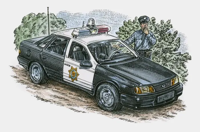 Framed Print : Illustration of police officer standing next to police car Framed Print : Illustration of police officer standing next to police car