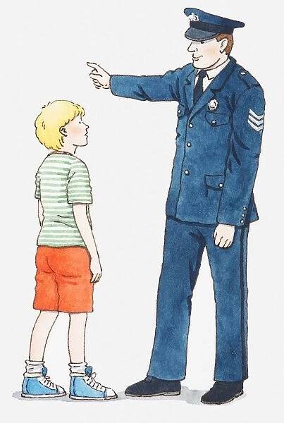 Illustration of policeman giving directions or instructions to a boy