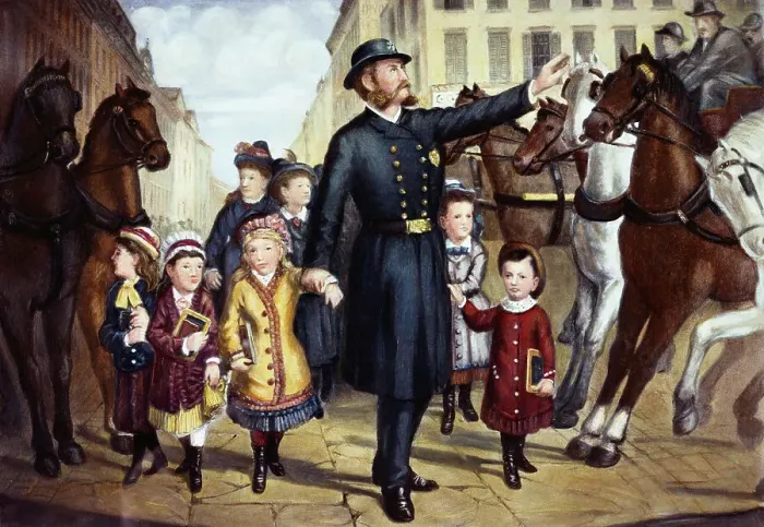 Framed Print : Illustration of Policeman Halting Traffic for Children Framed Print : Illustration of Policeman Halting Traffic for Children