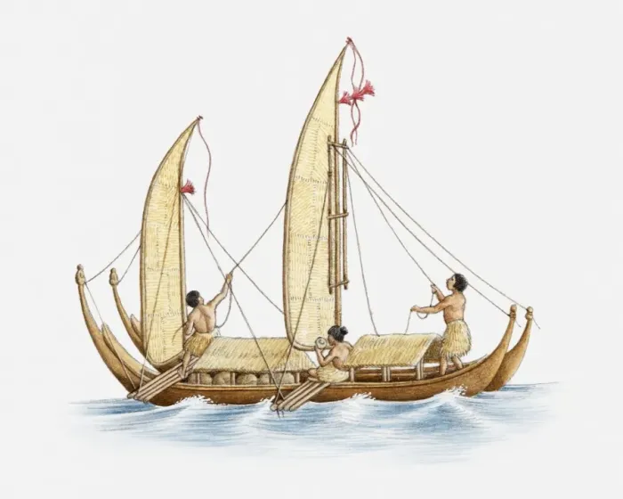 Framed Print : Illustration of Polynesians on a boat