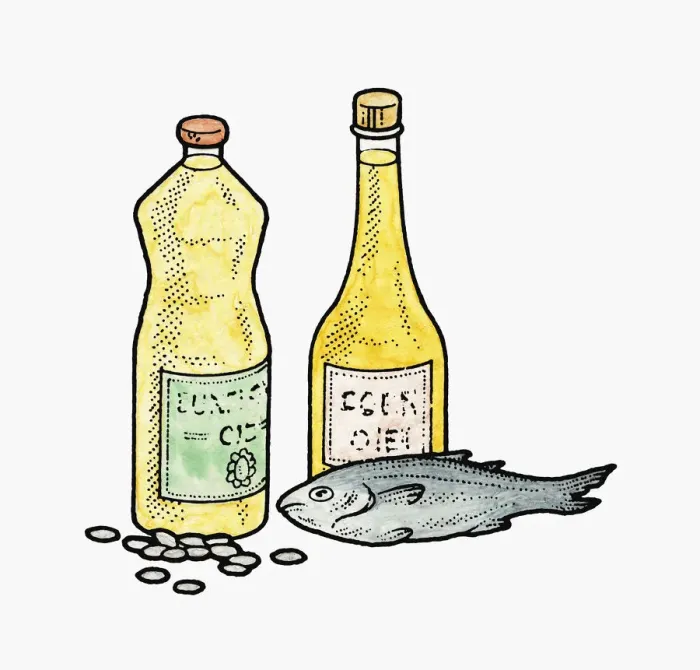 Framed Print : Illustration of polyunsaturated fat sources in bottles of oil, oily fish, and sunflower seeds Framed Print : Illustration of polyunsaturated fat sources in bottles of oil, oily fish, and sunflower seeds