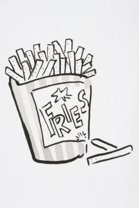 Framed Print : Illustration, portion of chips, Fries written on front Framed Print : Illustration, portion of chips, Fries written on front