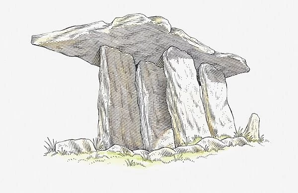 Illustration of Poulnabrone Dolmen, neolithic chamber tomb, County Clare, Ireland