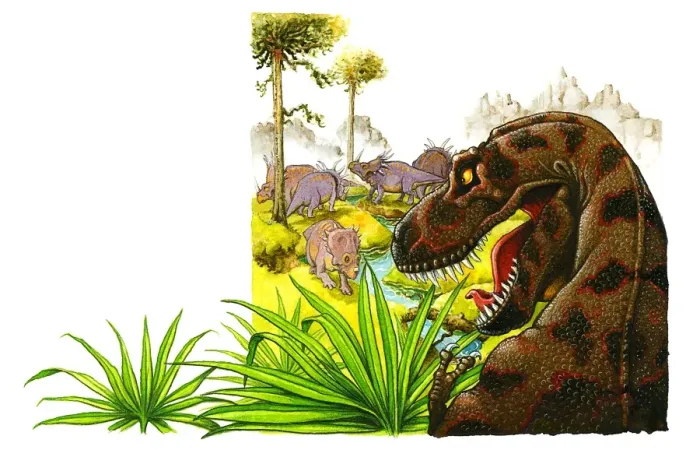 Framed Print : Illustration of predatory Tyrannosaurus Rex looking aggressively at herd of herbivorous ceratopsid Triceratops dinosaurs in distance oblivious to the danger Framed Print : Illustration of predatory Tyrannosaurus Rex looking aggressively at herd of herbivorous ceratopsid Triceratops dinosaurs in distance oblivious to the danger